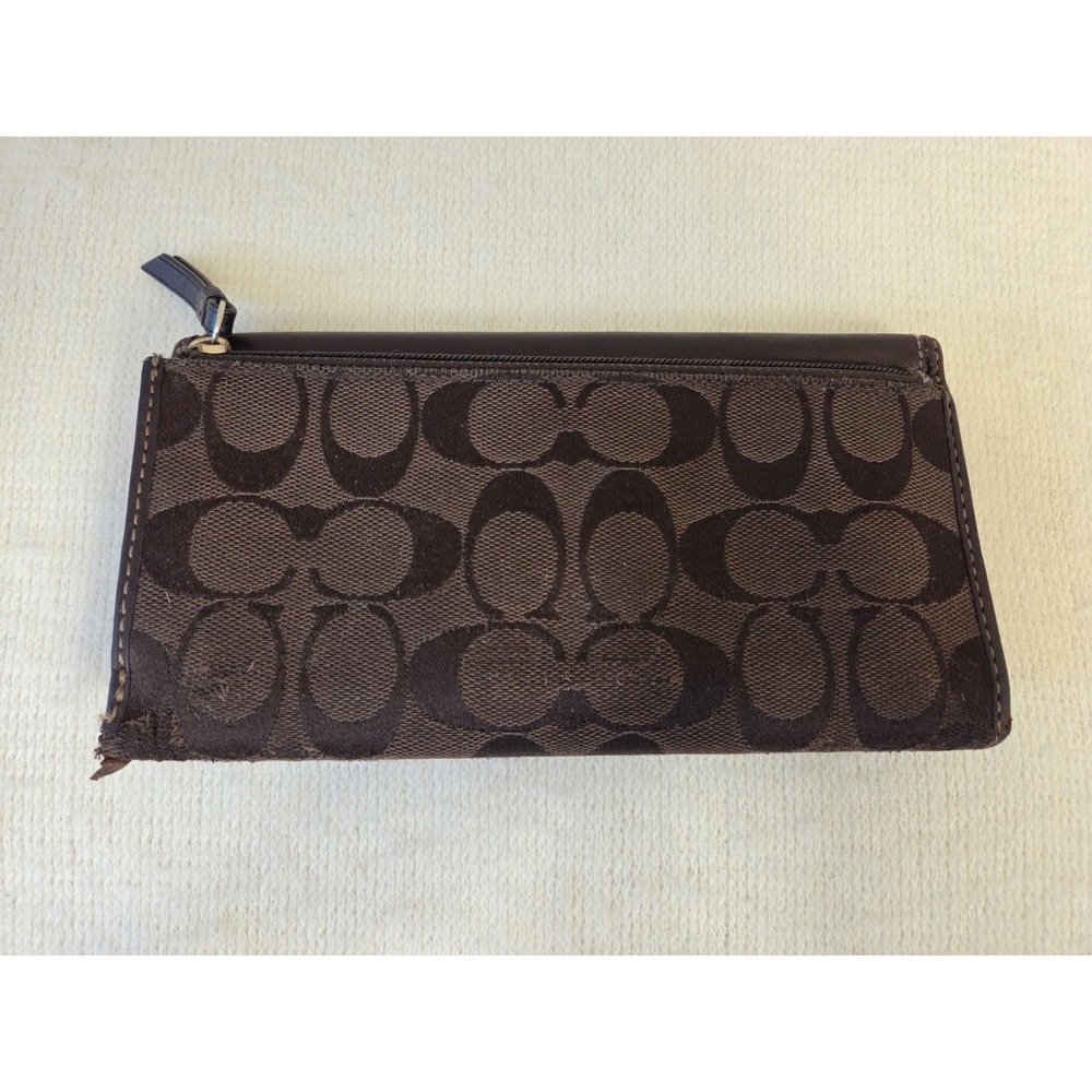Coach Bleeker Signature Jacquard Trifold ID Wallet Dark Brown Gold Buckle - Picture 2 of 10